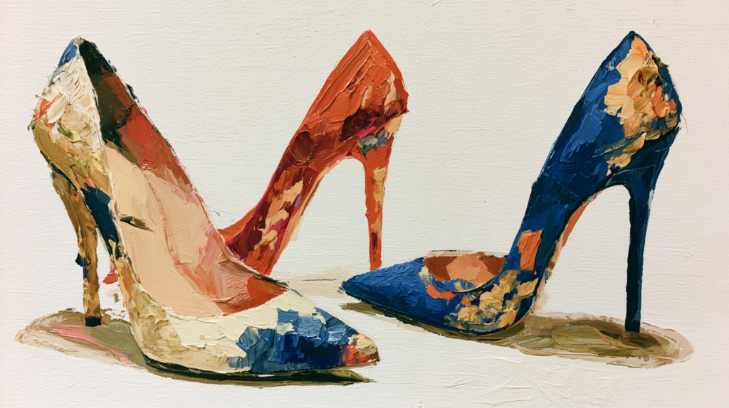 Colorful high-heeled shoes painted in an expressive oil painting style