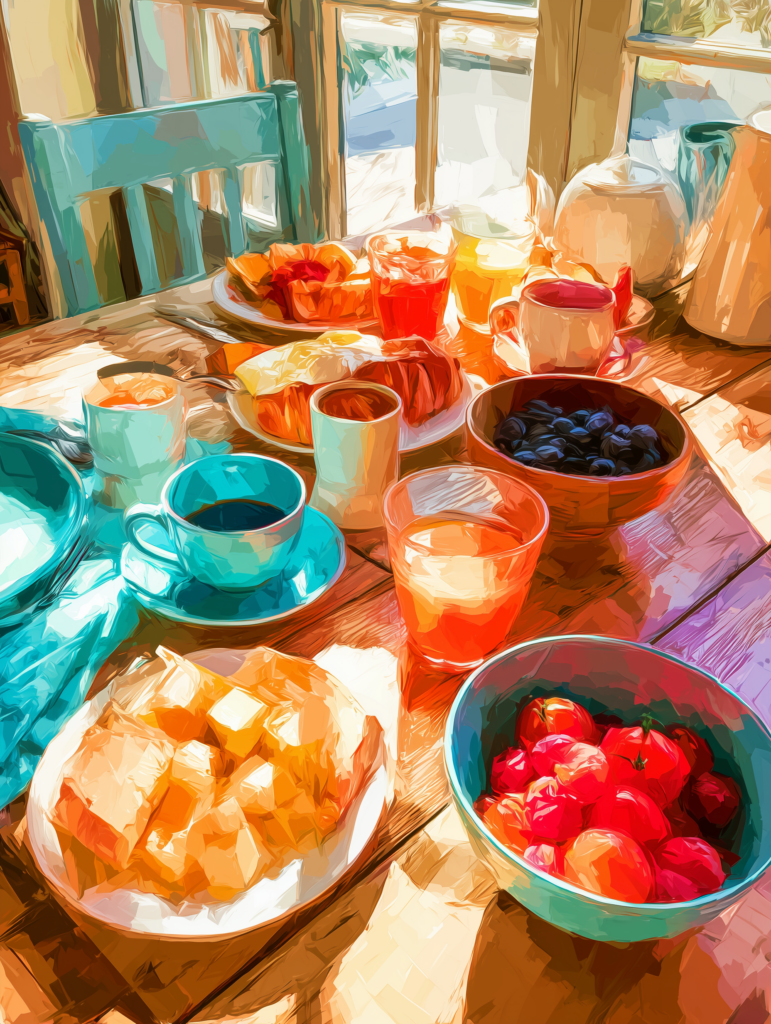 Colorful sunlit dining table with cups, dishes, fruit and breakfast