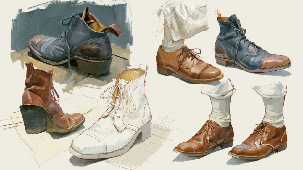 Artistic fashion sketches of vintage leather shoes and boots