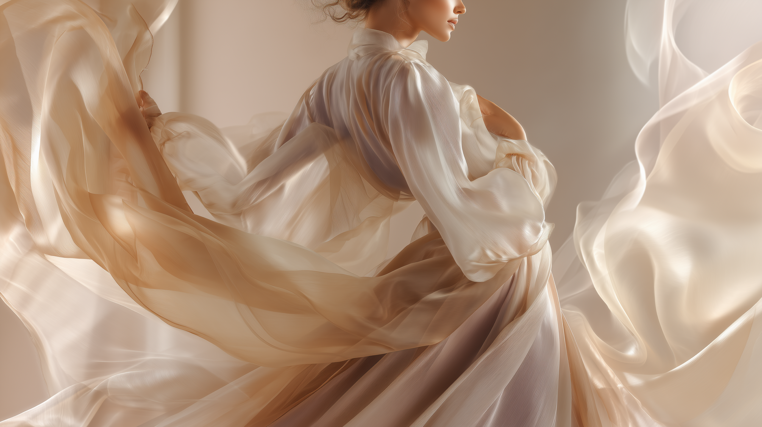 Flowing ivory dress and fabric moving gracefully in the wind