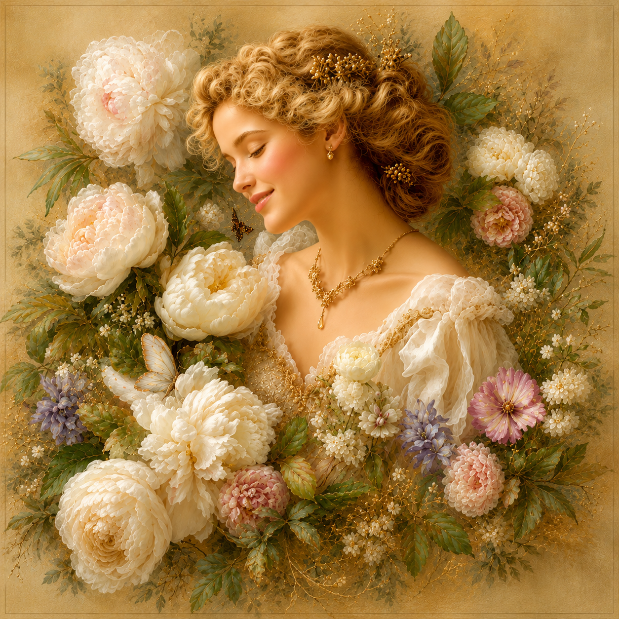 Woman wearing delicate gold jewelry surrounded by ivory flowers