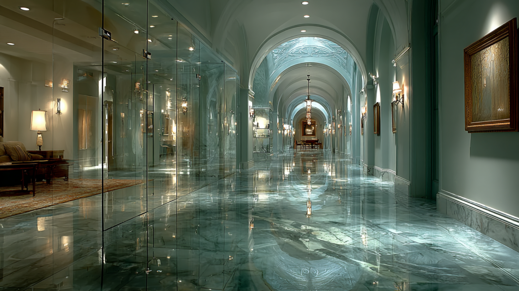 Elegant aqua-toned interior with a luminous marble floor and arched hallway