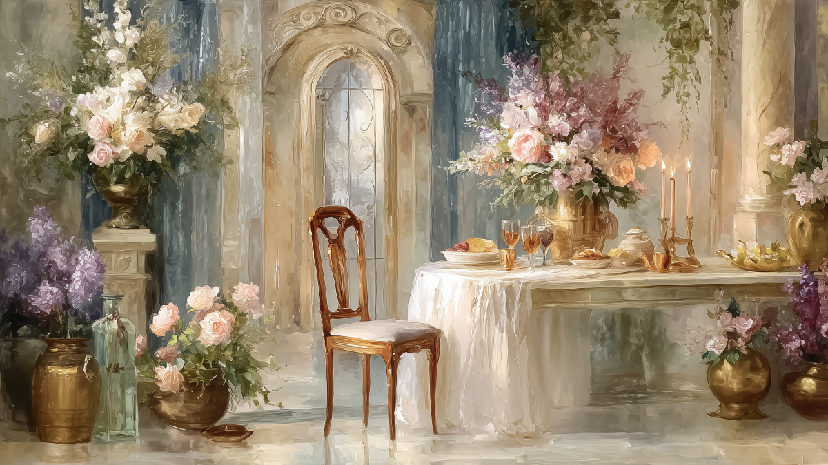 An elegant interior with flowers and a candlelit table